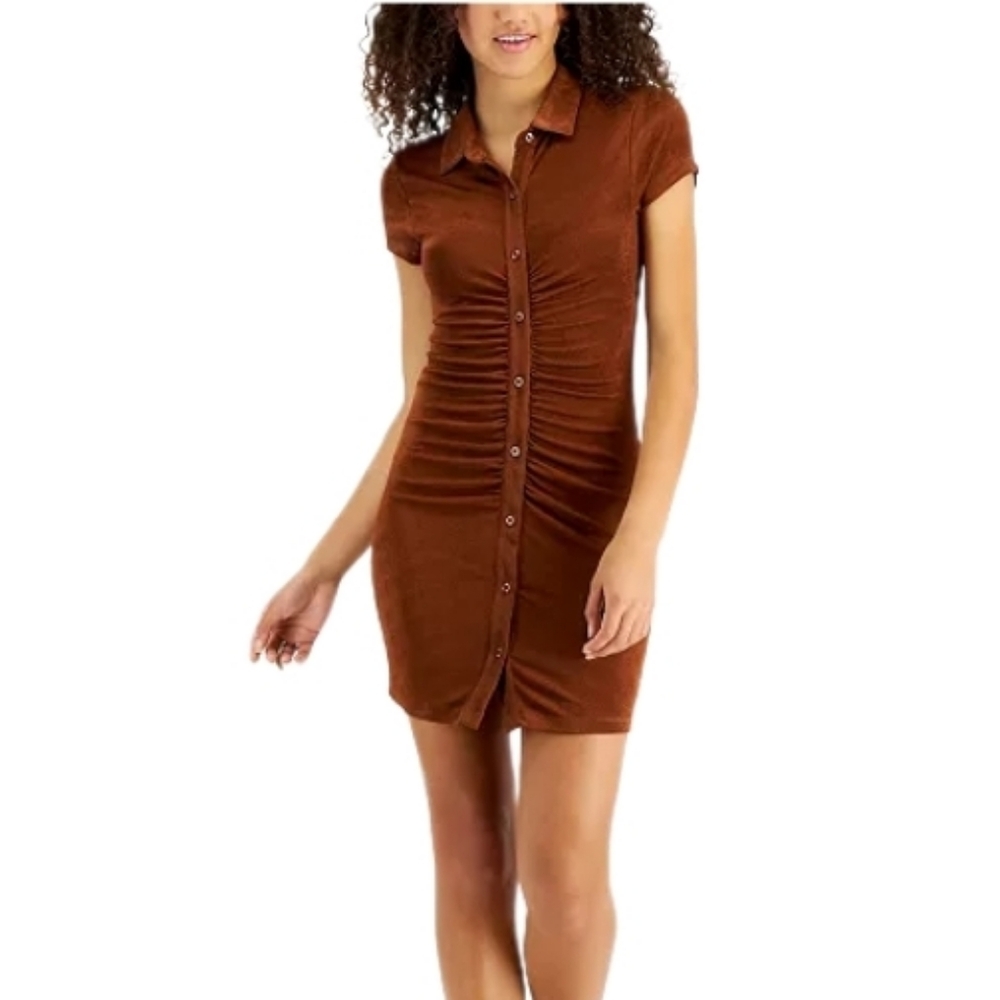 Just Polly Brown Ruched Button Front Mini Dress L